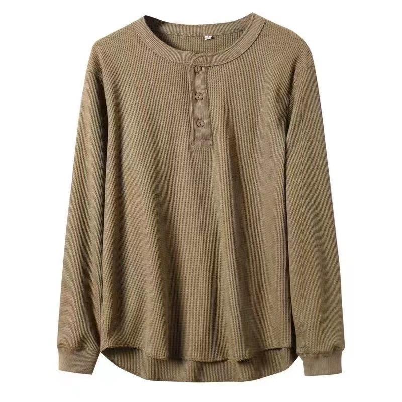 Men Women Long Sleeve Pullover T Shirt Waffle Knit Henley Neck