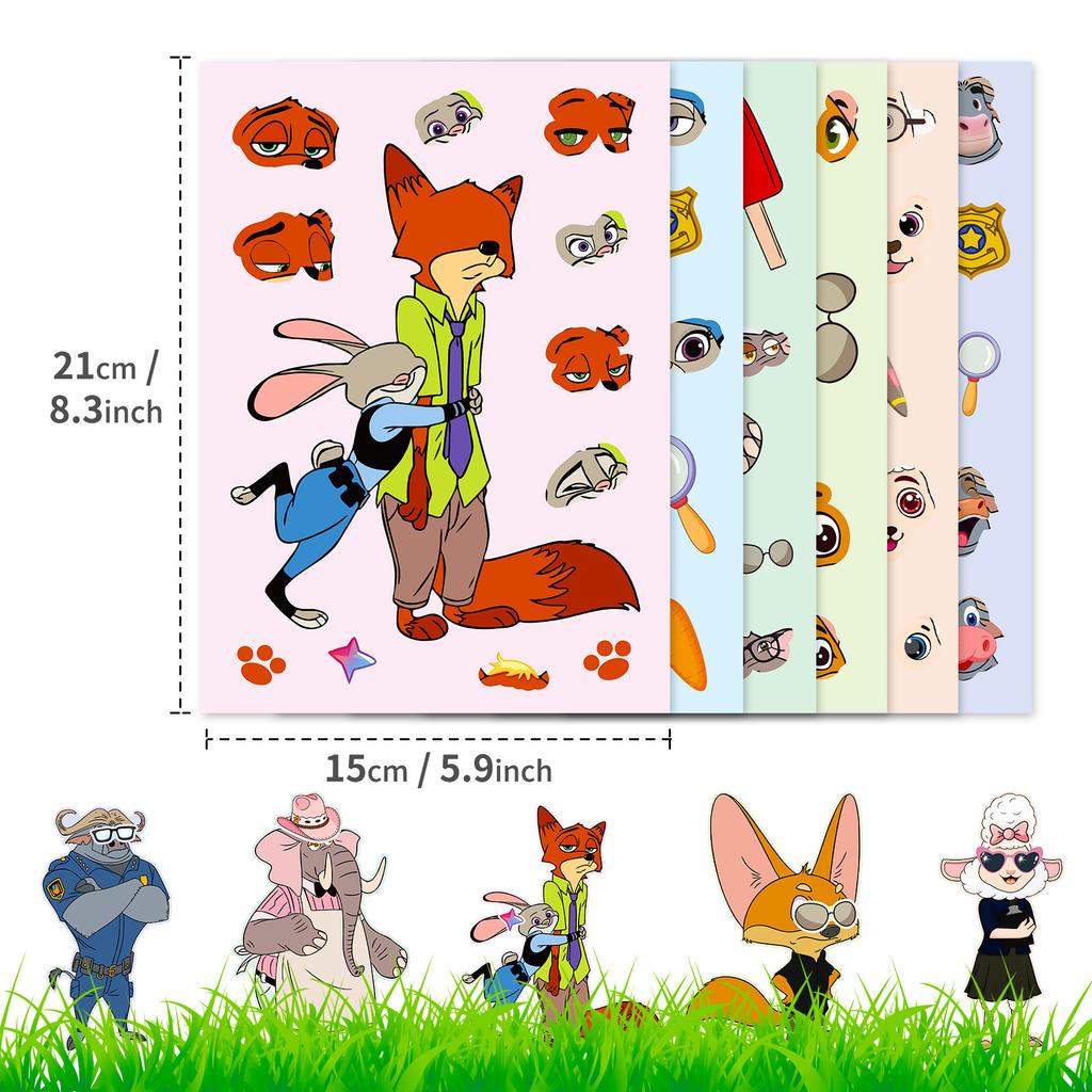 Hot Cartoon Crazy Animal Rabbit Officer Face Swap Stickers 6 Pieces/Package Children'S Anime Surrounding Diy Costume Stickers
