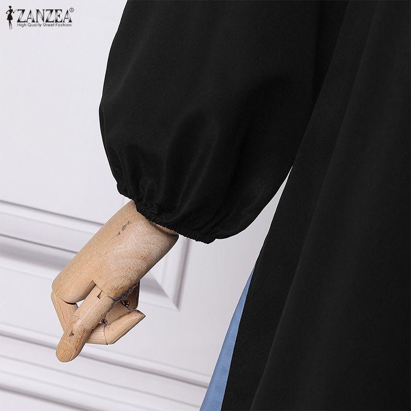 ZANZEA Women Casual Round Neck Long Sleeve Patchwork Long Dress