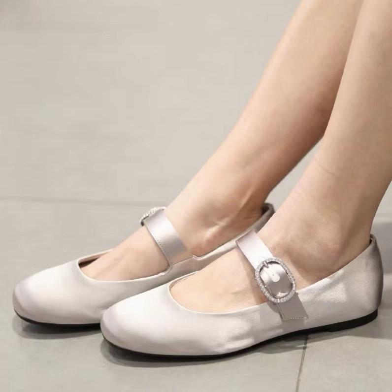 Leather Satin Rhinestone One-word Buckle with Round Head Mary Jane Single Shoes Women's 2025 New Spring Ballet Flats