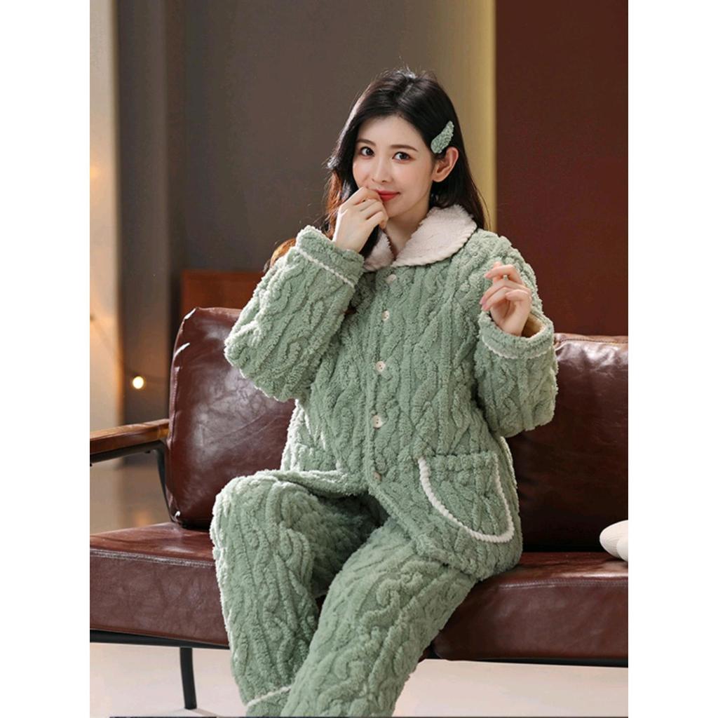 Pajamas Women's Winter Three-layer Thickened Padded Jacket Coral Fleece Lapel Super Warm Can Be Worn Outside Loungewear