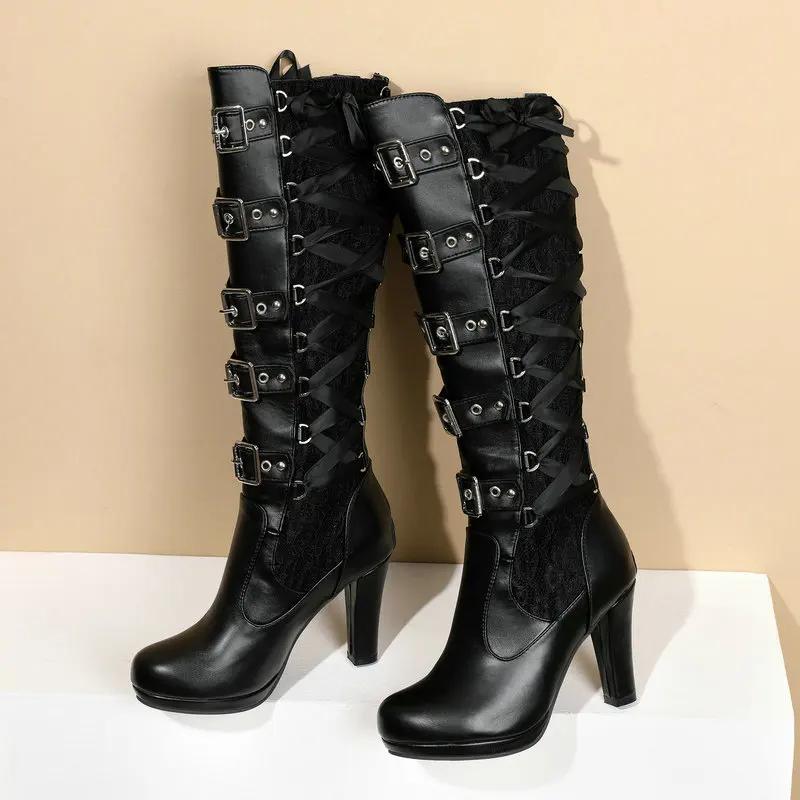 Vintage Punk Boots for Women In Autumn Winter New Style Thick Heel Super High Heel Versatile Round Head Belt Buckle High Boots
