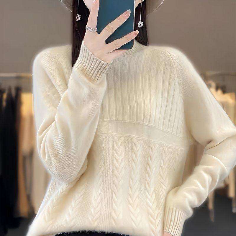 

Women s Semi High Neck Sweater Loose Base for Autumn and Winter Women s Stylish Thick Top S абрикосовий