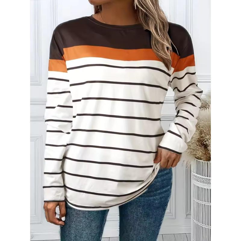 Women's Long-sleeved T-shirt Autumn Striped Plaid Print Street Casual O Neck Pullover Loose Fit Outdoor T-shirt