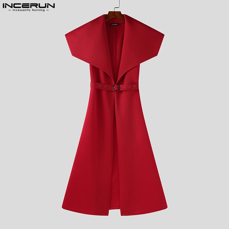 INCERUN Men Big Lapel Neck Long Sleeve Belt Waist Cospaly Open Front Long Tunic Coats