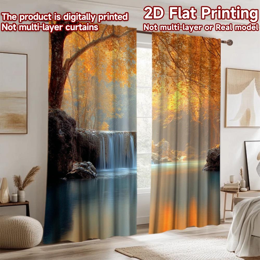 2D Flat Printing 2pcs Party Curtain Autumn Forest Waterfall Nature Digital Printed Polyester Drapes Family Party Decoration Use