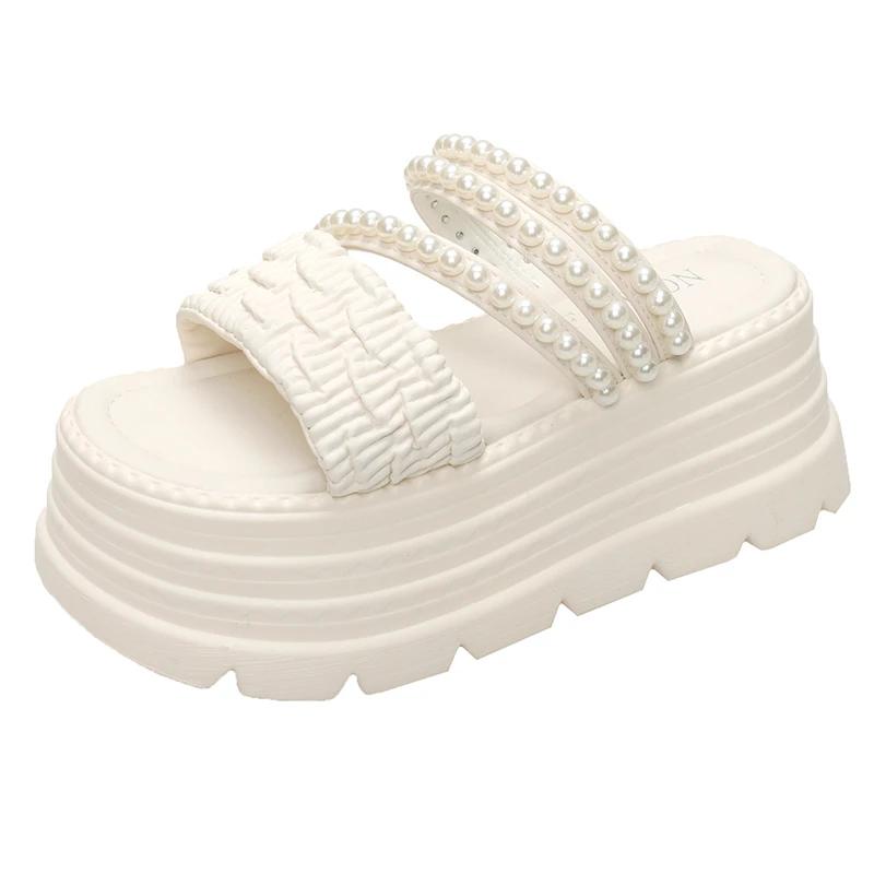 Fashion 8CM New 2025 Pearl Strap Chunky Sandals Women Summer High Platform Wedges Slippers Woman Fashion Heels Thick Bottom Beach Slides