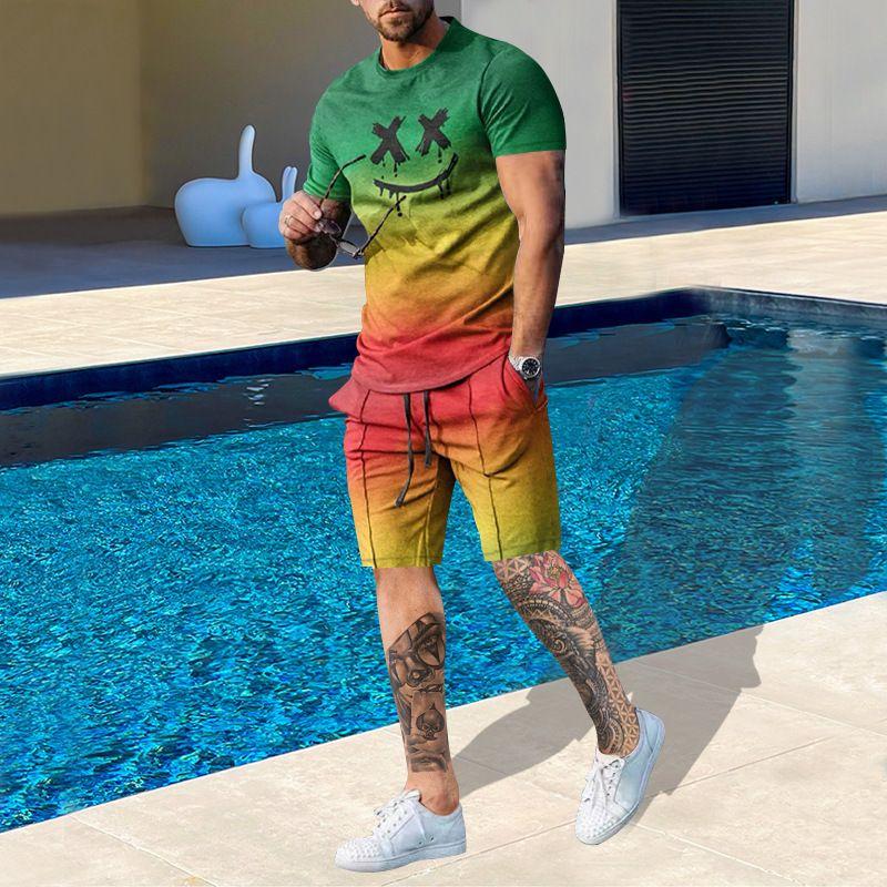

2025 Летний модный комплект футболок, повседневные пляжные шорты для мужчин, футболка с короткими рукавами и шорты, летний комплект с 3D-принтом 3XL