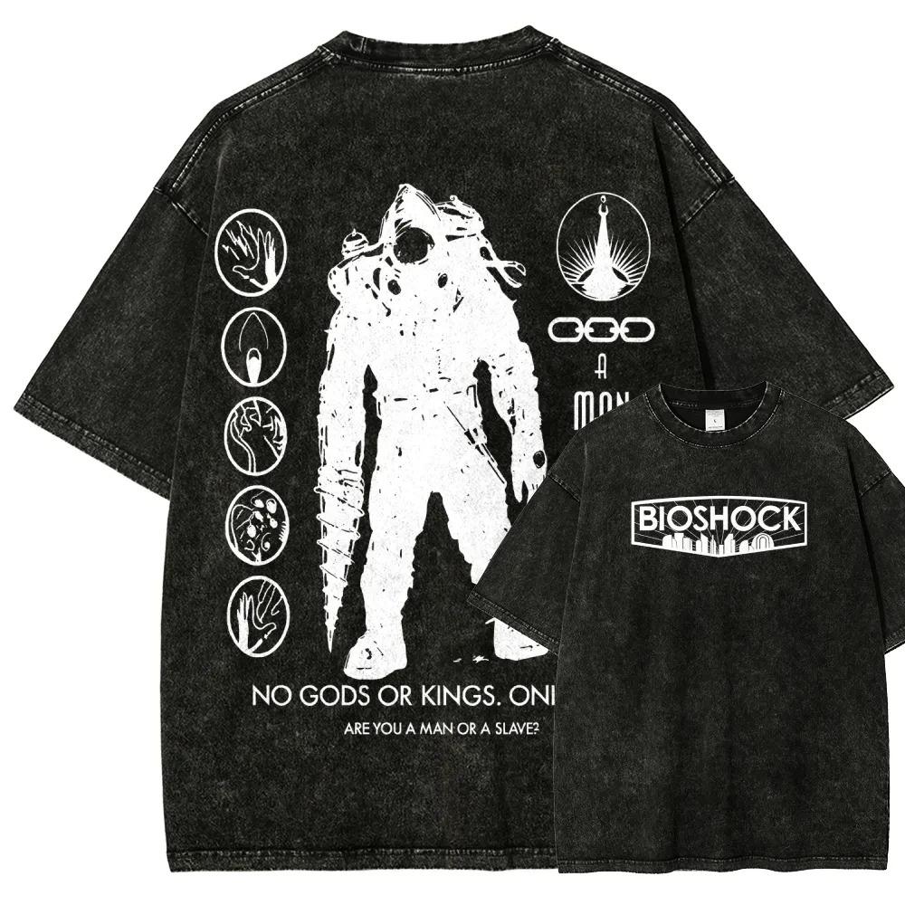 Klassisches Retro-Shooter-Spiel Bioshock Peripheriegeräte Grafikdruck T-Shirt Herren Damen Neu Harajuku Stil T-Shirt Vintage Gewaschenes Baumwolltop