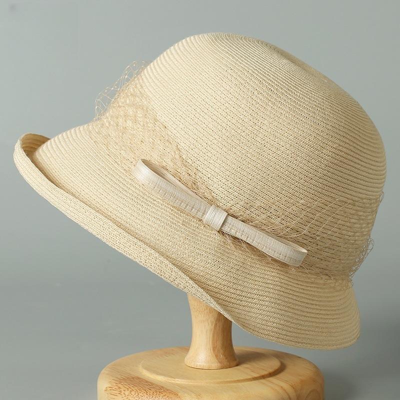 Hepburn-Stil gewellter Rand Fischerhut Kinder Sonnenschutz Strohhut Seide Hanf kleine Schleife Becherhut Imitation Hanf Sonnenhut Erwachsener