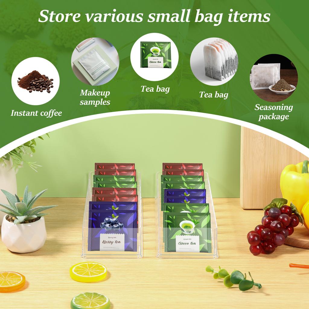 4Pcs Tea Bag Storage Box Acrylic Transparent Tea Packet Drawer Organizer with 8 Divider for Kitchen Cabinet Countertop