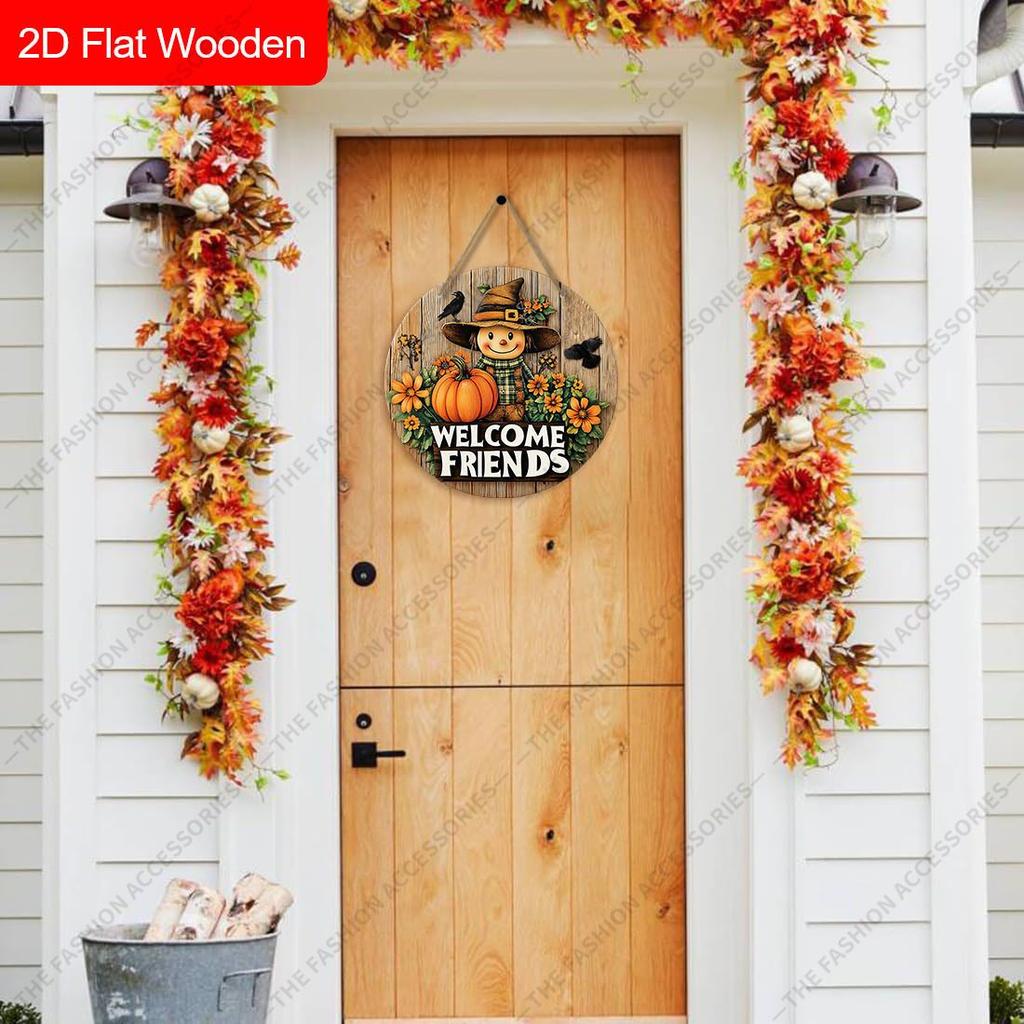 Welcome Friends Scarecrow Pumpkin Round Wooden Hanging Sign, Autumn Door Wall Decor