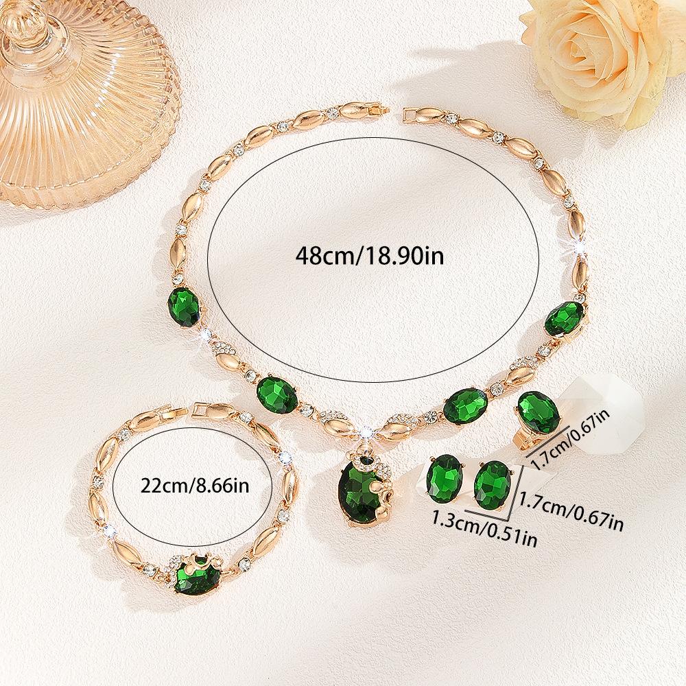 Exaggerated Diamond-set Green Oval Necklace Earrings Ring Bracelet Four-piece Jewelry