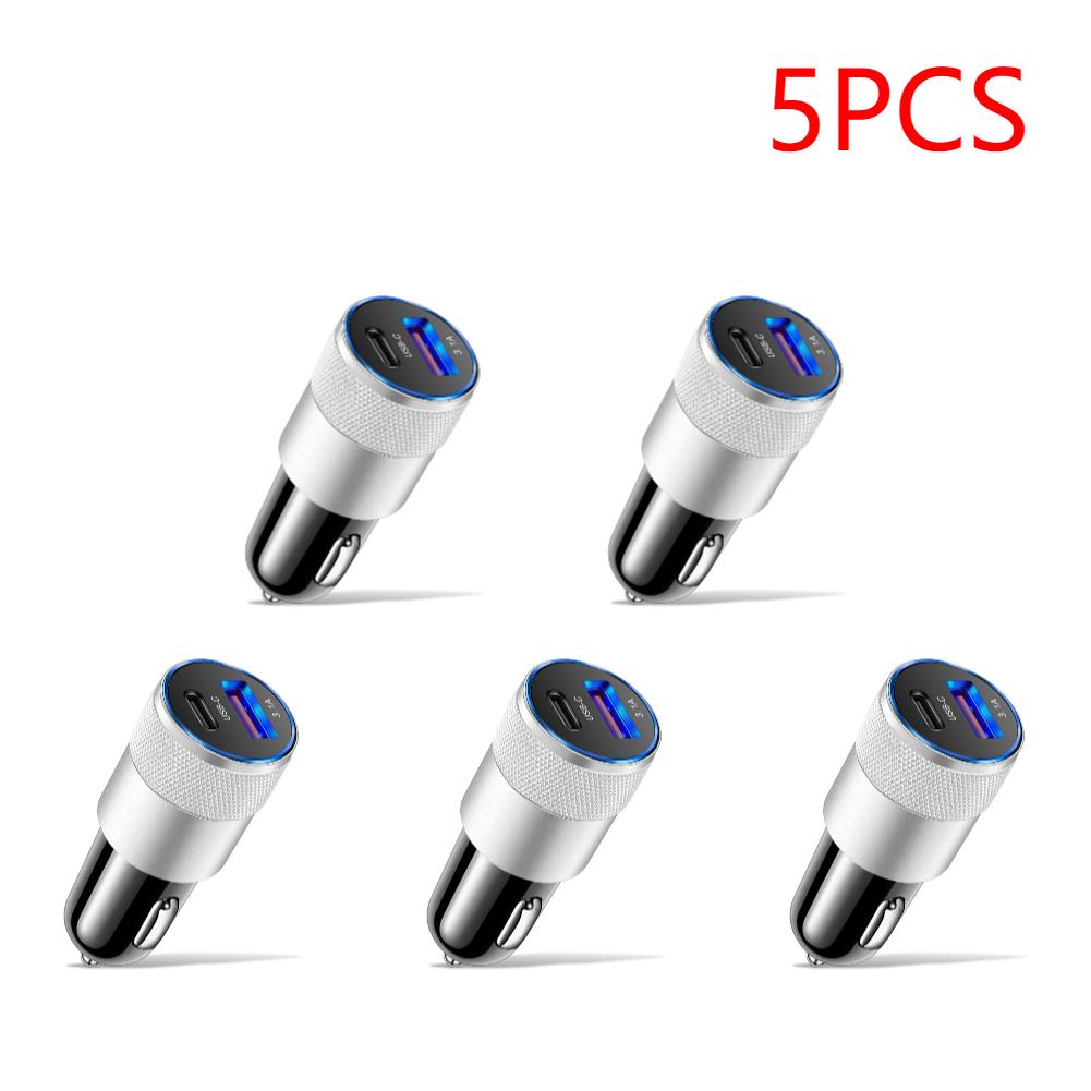 1-5Pcs 2 in 1 Mini USB Car Charger Type C 12V 3.1A 15W PD Cigar Jack Fast Charging Adapter for Mobile Phone Car Power Bank