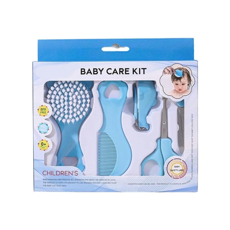 

Infant Grooming Kit 5 Piece Set Feature Cute Cartoon Design Gentle Brush Hair Comb & Nails Trimmer for Delicate Skin синий