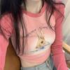 Kawaii Pink Rabbit Print Crop T Shirts Women Harajuku Sweet Cute Graphic Tops Streetwear Vintage Sexy Long Sleeve Tees