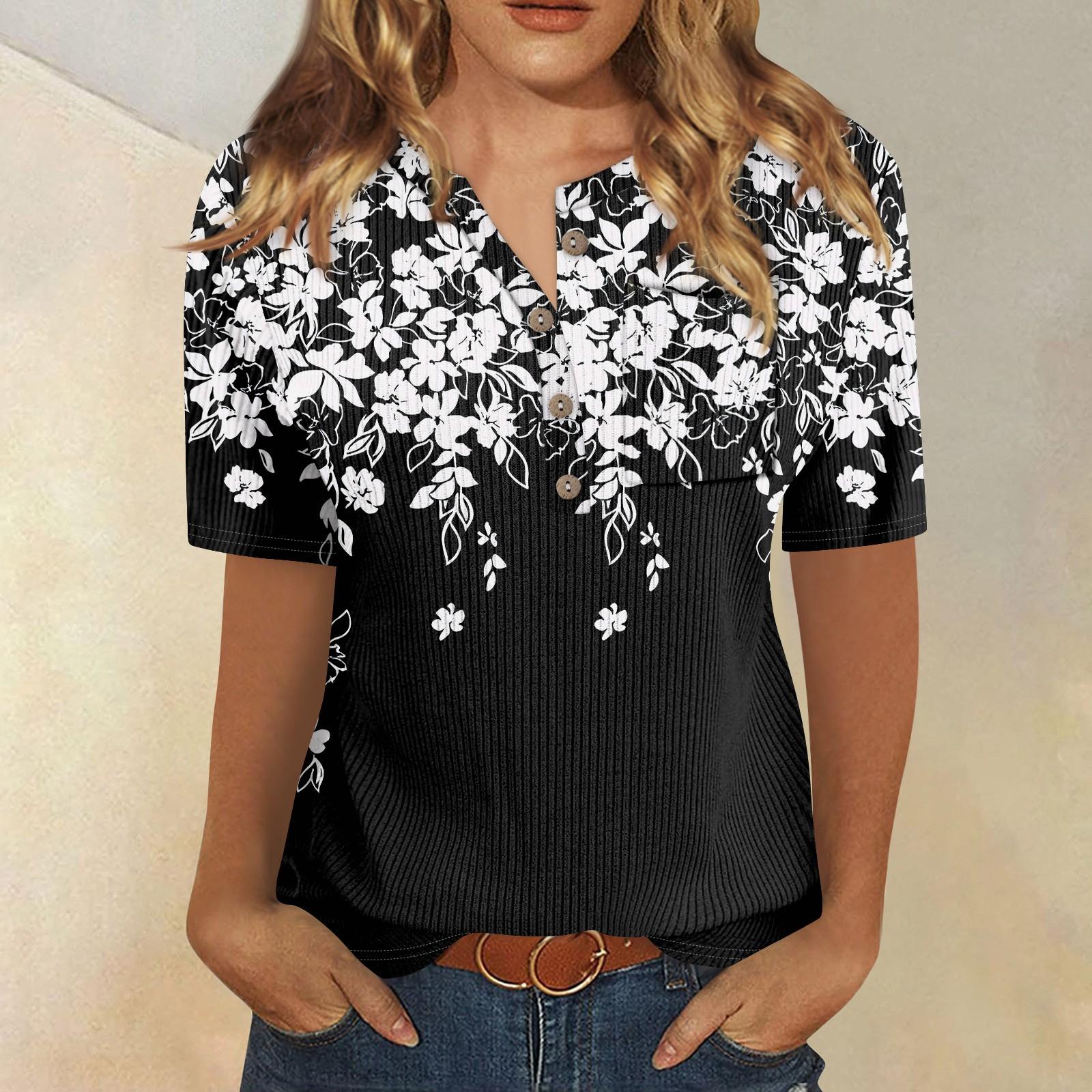 

Футболки для женщин, плиссированные, с V-образным вырезом, нарядные, повседневные блузки с принтом, короткие рукава, летние топы, свободный крой L чёрный