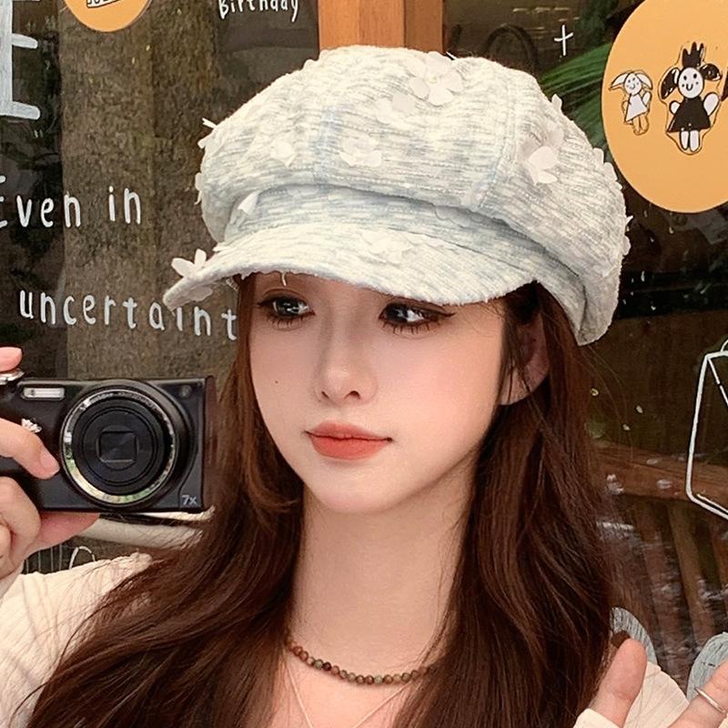 

Осенне-зимняя женская шляпа ретро шляпа художника декоративный цветок восьмиугольная шляпа, подчеркивающая лицо, маленькая, повседневная, универсальный берет One Size