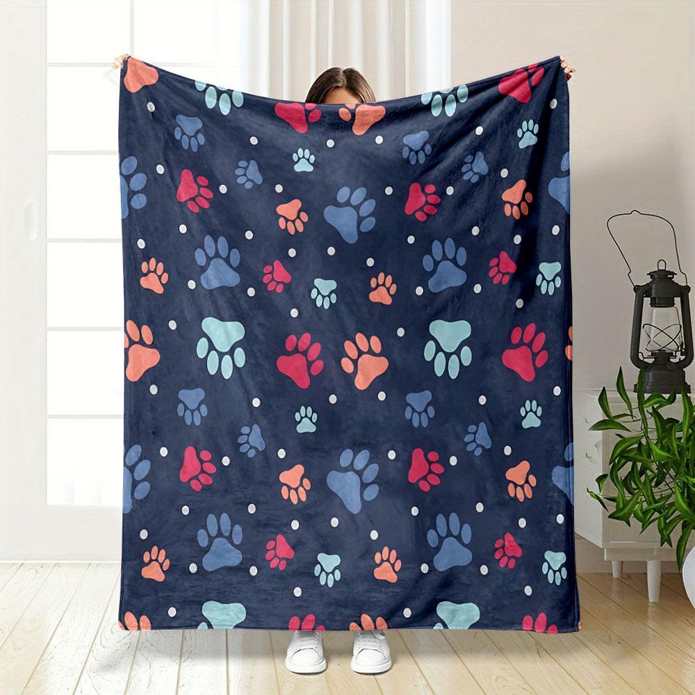 Colorful Paw Print Pattern on Navy Patterned blanket, flannel, suitable for all seasons, home decor, warm and cozy