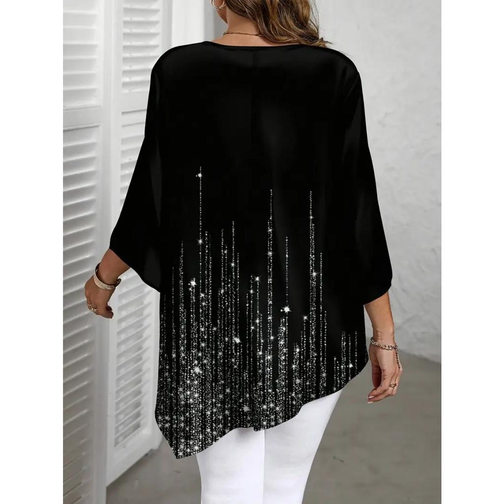 Nova T-shirt de Outono para Mulheres Plus Size com Estampa Degradê e Gola Redonda, Top Casual Versátil Popular na Europa e América