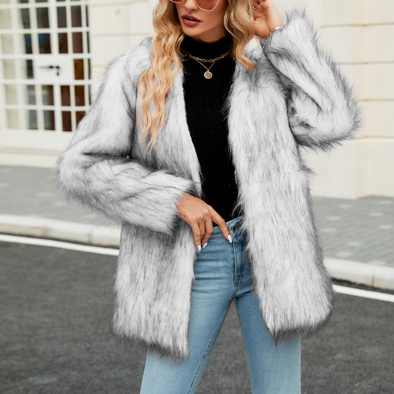 

Женские шубы из искусственного меха с V-образным вырезом, с длинными рукавами, с открытыми швами, теплые, толстые, элегантные, сращивающиеся, обычные, темпераментные, осень-зима 3XL серый