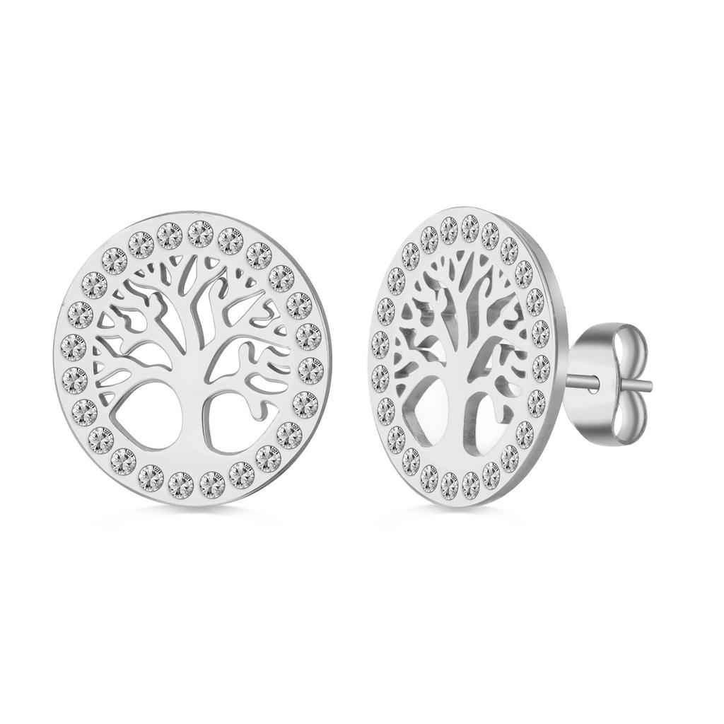 Tree of Life Clear Zircon Round Stud Earring Stainless Steel Gold Color Ear Stud Vintage Amulet Jewelry Valentine Gift