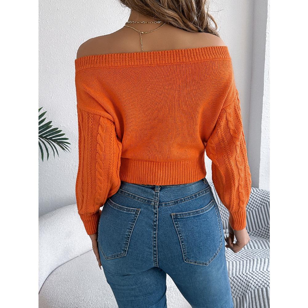 Women's Knitted Sweater Casual Solid Colour Off-the-Shoulder Long-Sleeved Pullover Sweatshirt