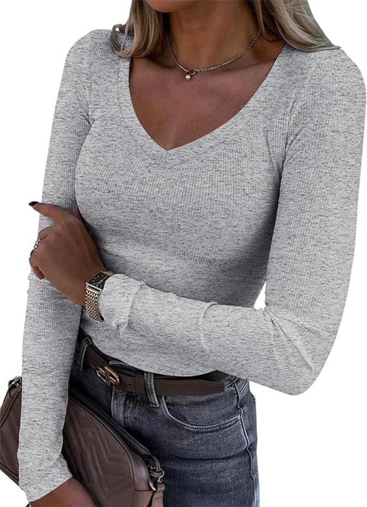 Womens V Neck Sweater Pullover Casual Knitwear Long Sleeve Slim Fit Lightweight Stretchy Jumper Top for Autumn Winter