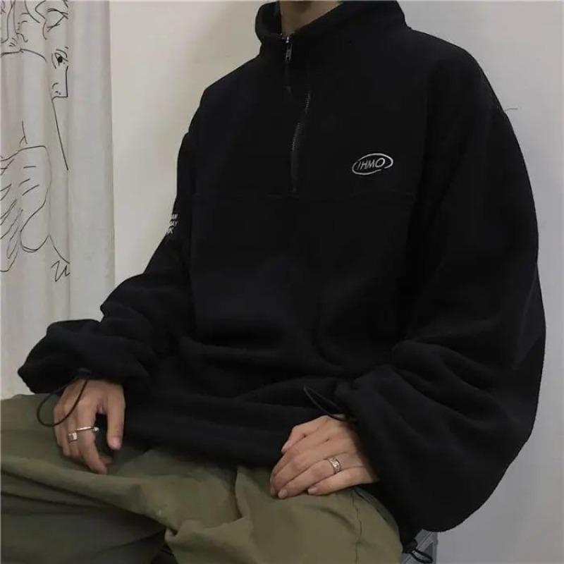 Ретро флисовый топ на весну и осень свободный пуловер со стойкой термо-свитер универсальная куртка для пары тренд 3XL чёрный 3730₽