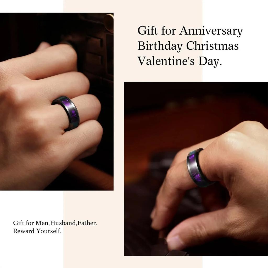 Fashion 8mm Black Stainless Steel Rings for Men Women Purple Abalone Shell Inlay Rings High Polished Men Wedding Party Jewelry