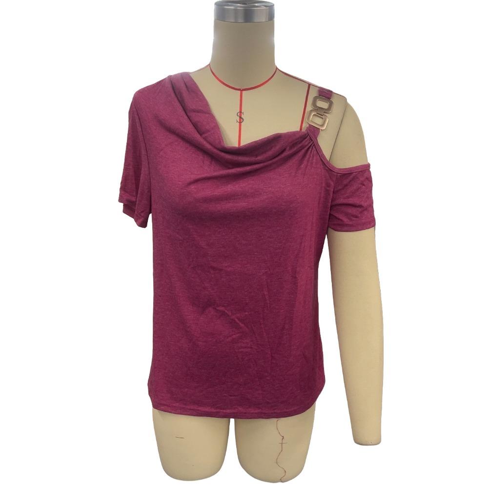 Women's Asymmetric Strapless Metal Single Button Loose Short Sleeve Skinny T-Shirt