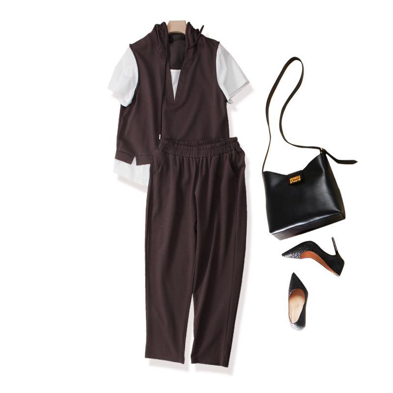 

Island Country Issue Deduction Order Fashion Suit Summer! Harajuku Women Fake Two-Piece Hooded Color Contrast Hoodies T-shirt + Cropped Tappered Pants Grey XL