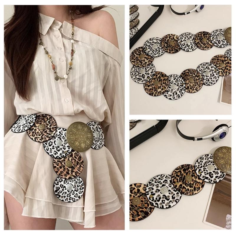 Stylish Leopard Wide Belt for Adult Western Waistband Ethnic PU Leather Embossing Buckle Waiststrap for Formal Dresses
