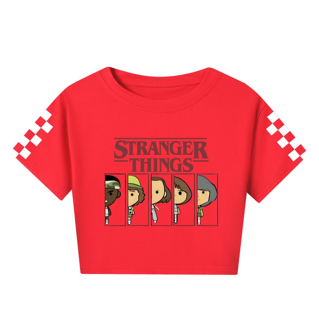 5248 Kids Girls Stranger Print Short Sleeves Short Styles Cotton T-Shirt