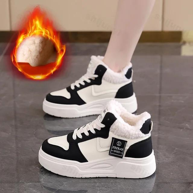 Winter Sports Shoes, Women's New Style with Fleece Insulation, High Top Cotton Shoes, Lace Up Thick Soled Casual Sports Shoes