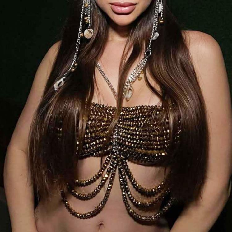 Women's Halterneck Vest Beaded Accents Glass Crystal Body Chain For Summer Parties Beach Vacation Stylish Chest Jewelry