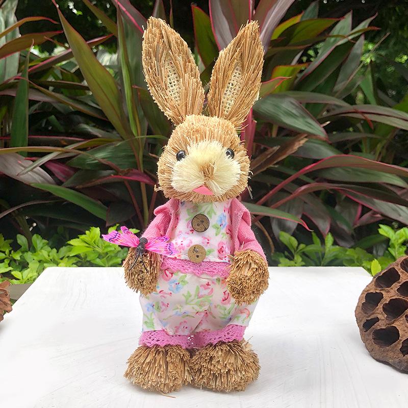 Easter Rabbit Decoration Straw Rabbit Ornament Creative Artificial Bunny Figure 25cm Home Holiday Cute with Flower Wreath