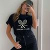 Black Short-Sleeved T-shirt Women 2025 New Arrival Summer Pure Cotton American Retro Sports Tennis Half Sleeve Tennis Club