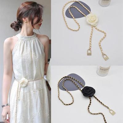 Koreanische Mode Schwarz & Weiß Kamelie Perle Taillenkette Gürtel für Damen