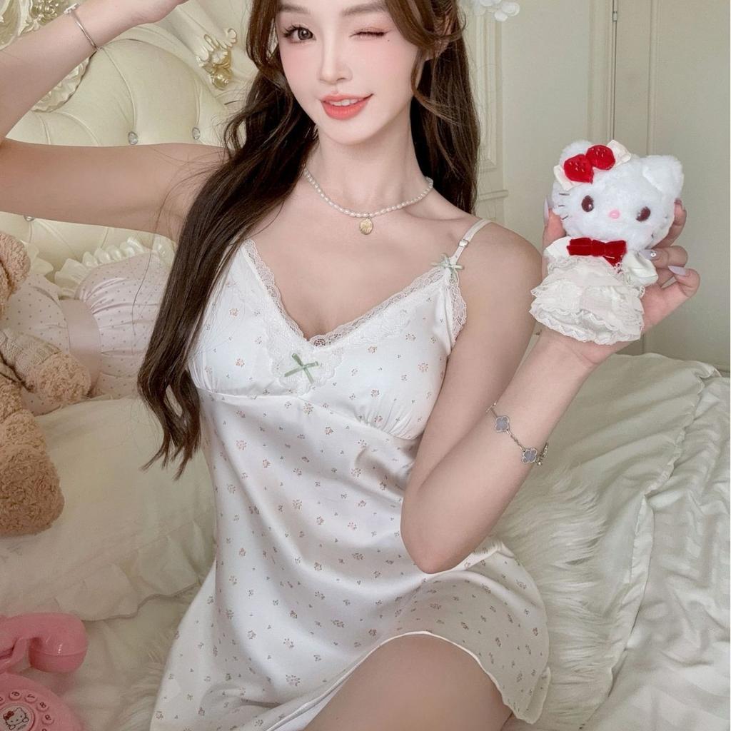 Sexy pajamas women's ice silk thin style with chest pad spring and summer new printed suspender nightdress silk loungewear
