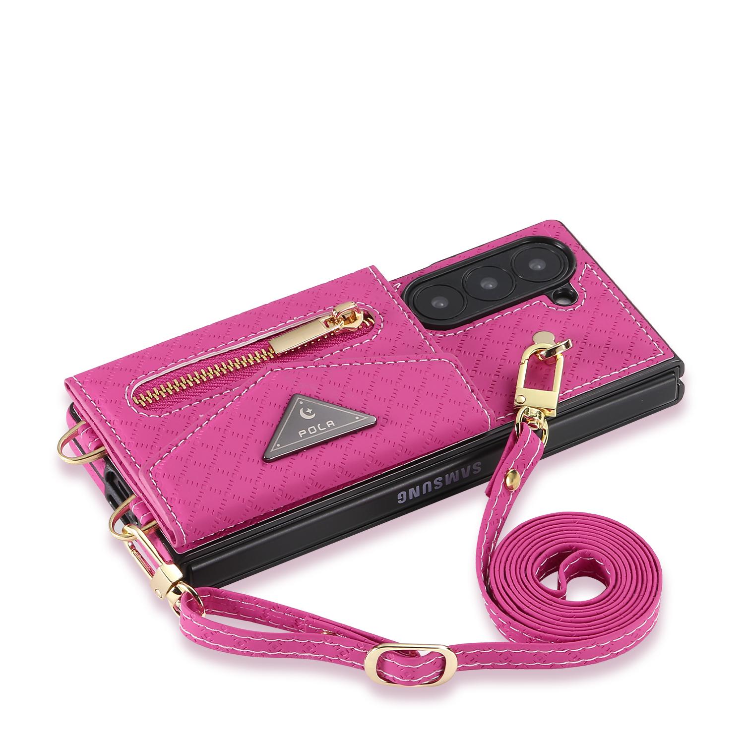 

Crossbody Zipper Cards Bag Leather Case For Samsung Galaxy Z Fold 6 5G Fold6 Pocket Purse Strap Long Lanyard Triple Fold Cover For Samsung Z Fold 6 розовый