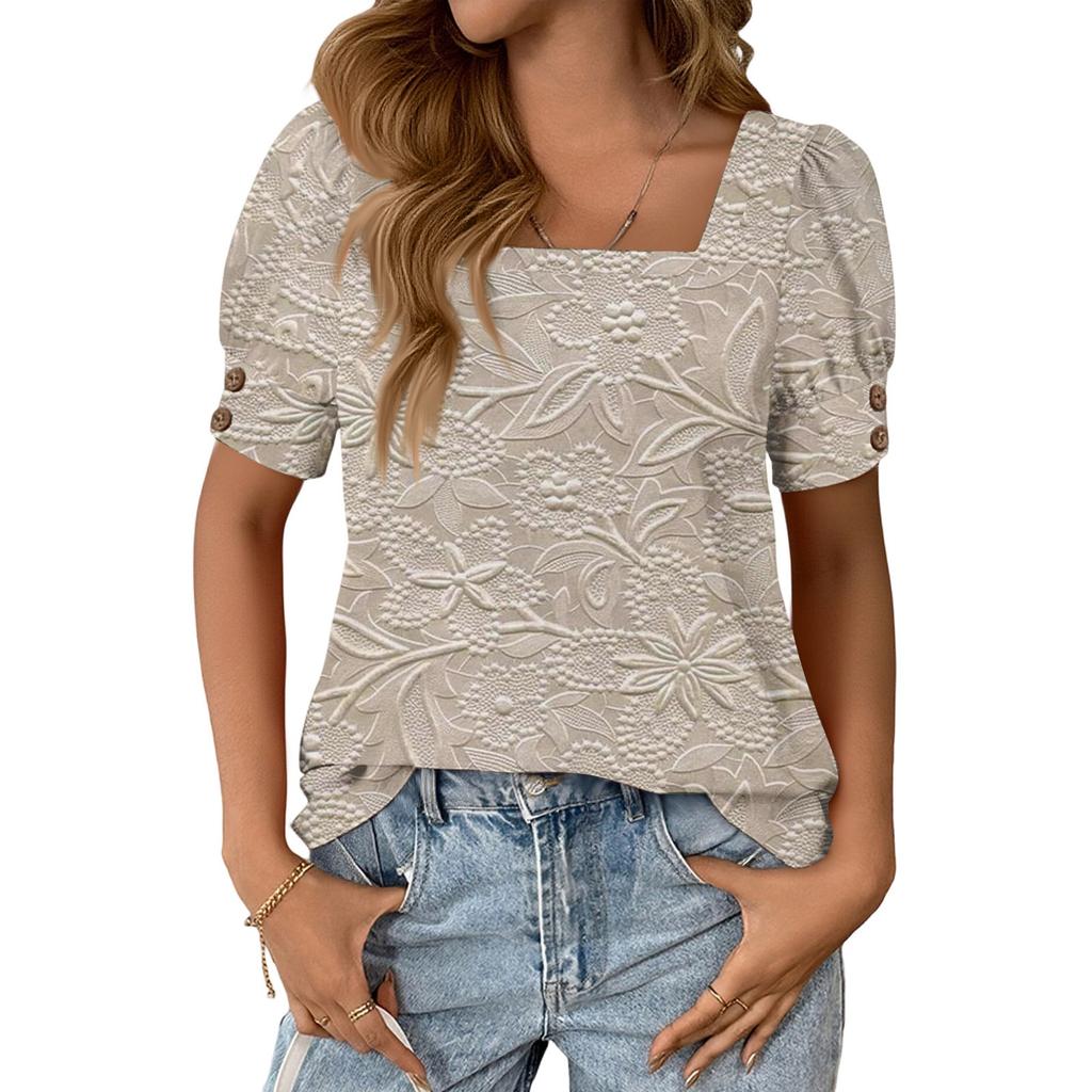 Women's Fashionable Casual Summer Retro Print Square Neck Button Short-sleeved Top