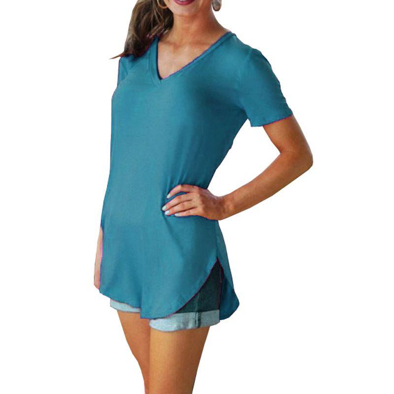 Stylish Women's Short Sleeve V-neck Hem Loose Casual Tee T-shirt For Summer Days