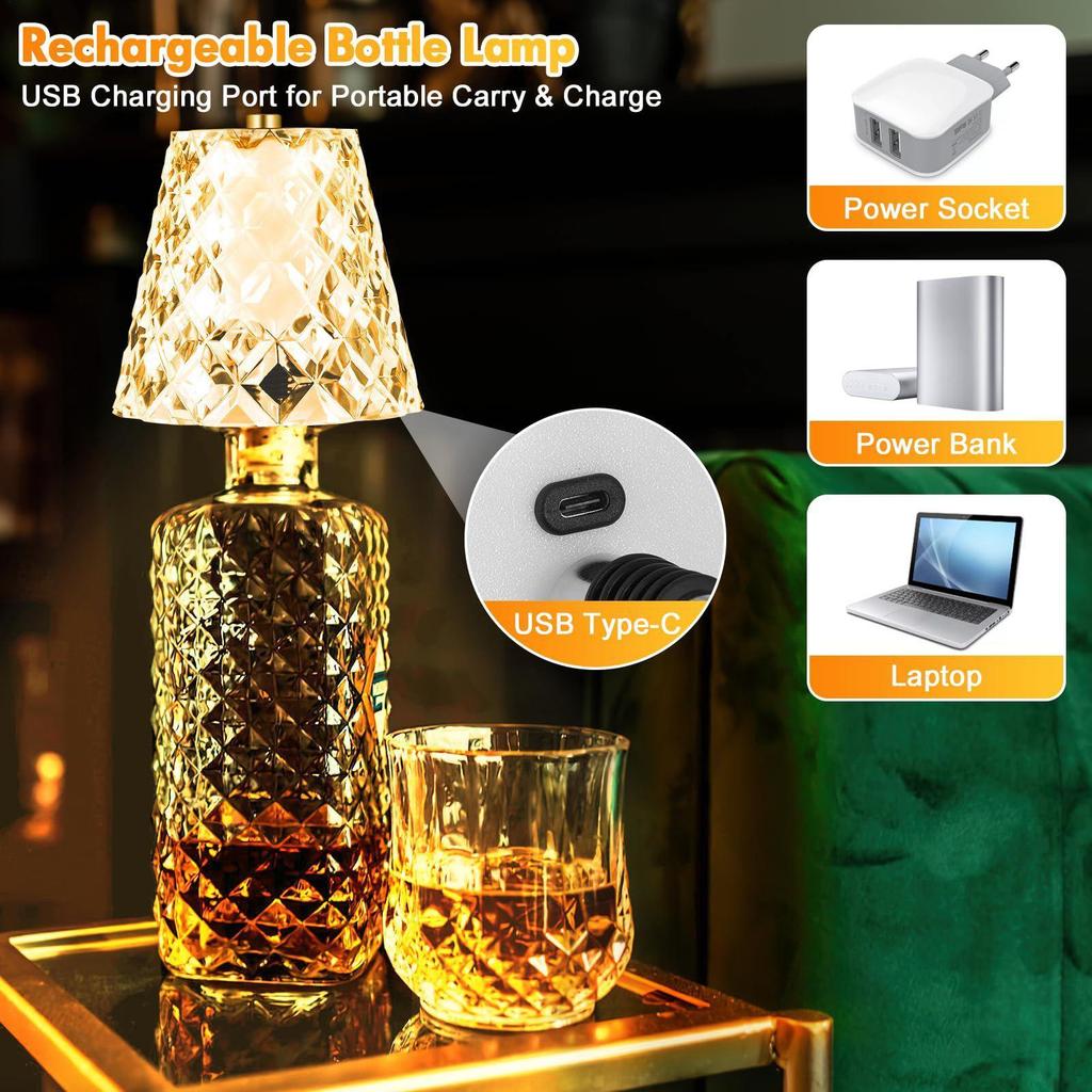 Wireless Bottle Lamp 3Color Touch Dimming Cordless Lampshade Rechargeable Wine Bottle Lights for Bedroom Living Room Kitchen