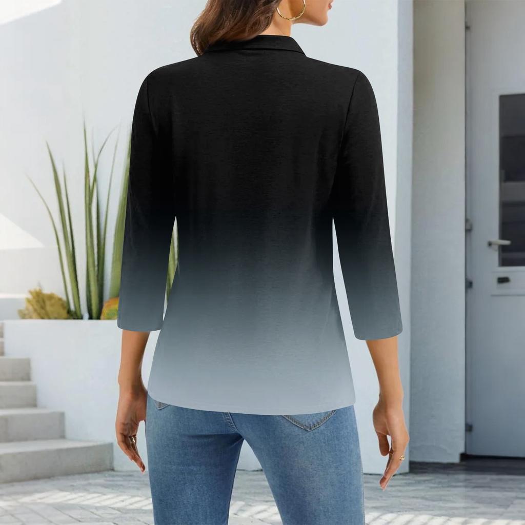 Damen Mode Lässig Revers Kurz 3/4 Ärmel Print Hemd Damen Oberteile