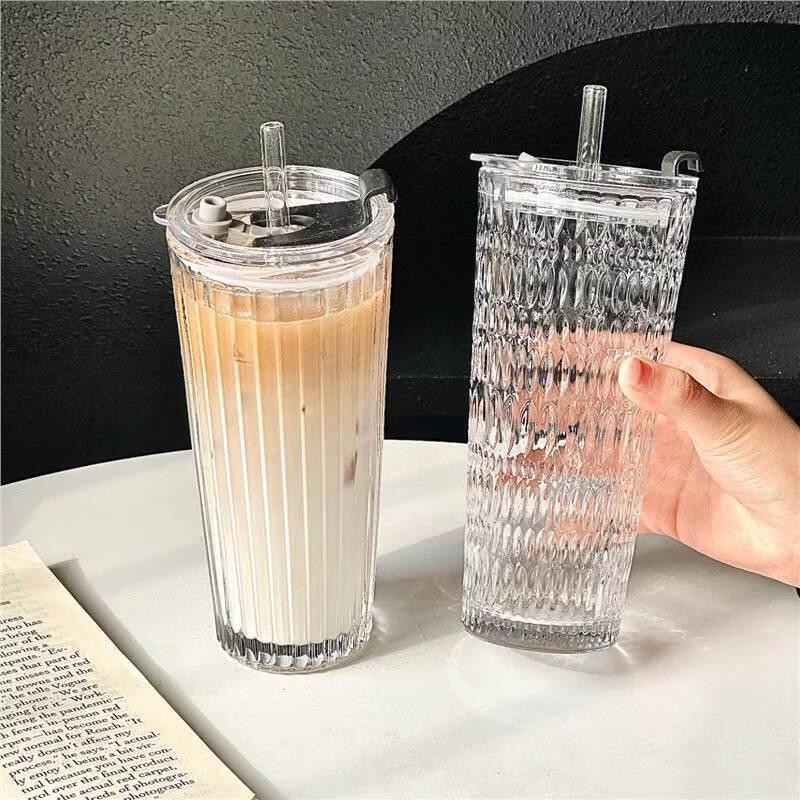 OLOEY Diamond Pattern 450ml Glass Coffee Mug with Lid & Straw (3-Pack)
