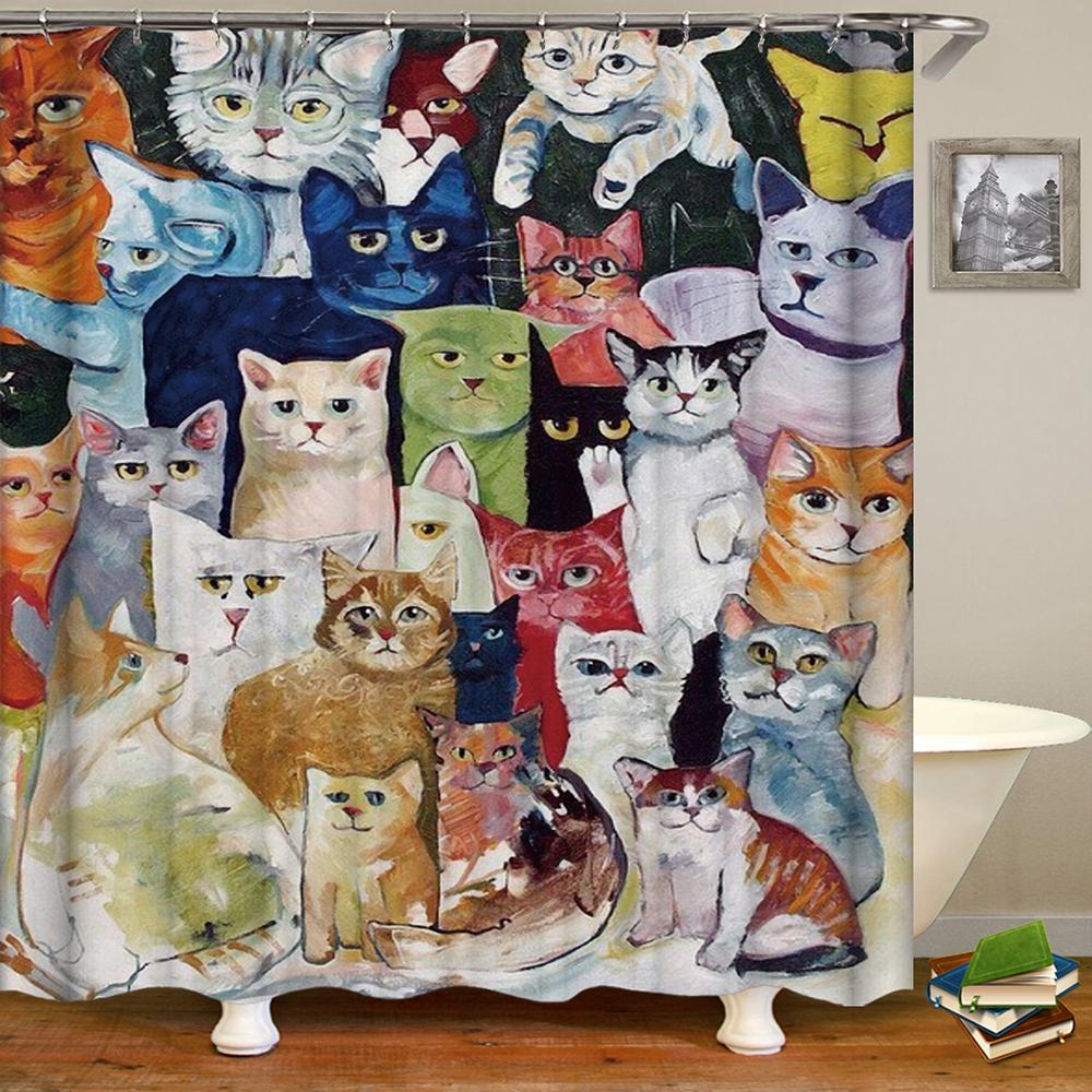 Cute Cat Animal Waterproof Polyester Shower Curtain With Hooks For Bathtub Bathroom Screens Home Decor Large Size Wall Cloth