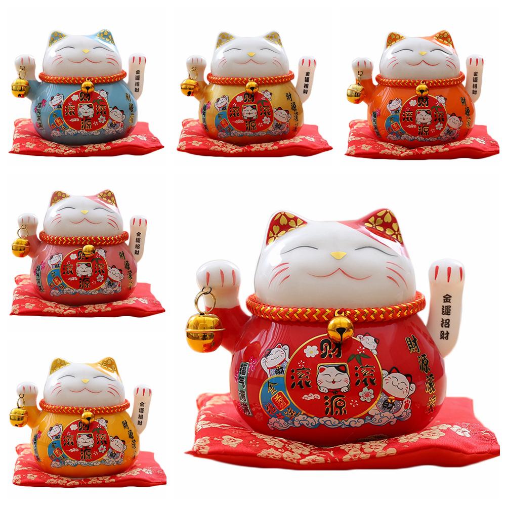 4.5 Inch Ceramic Fortune Cat with Waving Arm, Porcelain Maneki-neko Lucky Beckoning Cats Home Office Decor, Gift for Prosperity