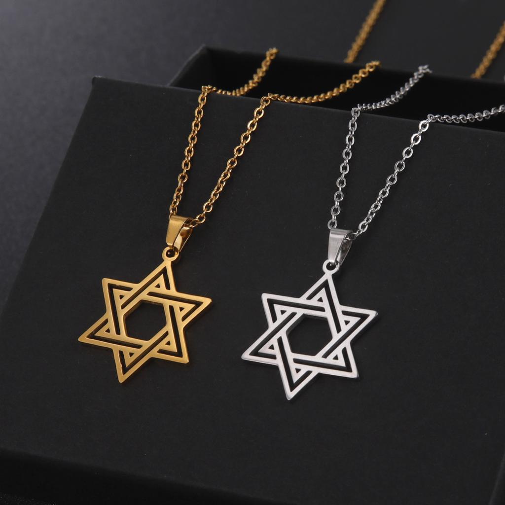 Je Bible Stainless Steel Hexagram Chain Necklace Women Men Cutout Star of David Hexagon Choker Necklace Mezuzah Jewelry