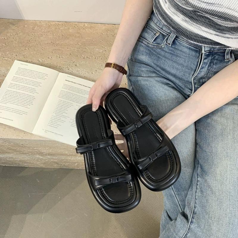 Bow double with slippers women wear summer new flat bottom non-slip pregnant women one word cool slippers 40 чёрный